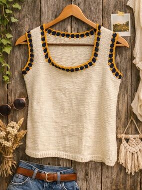 Cream Crochet-Trim Tank Top with Navy & Mustard Detail
